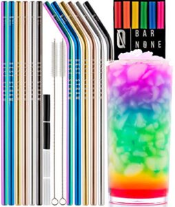 bar none best straws set of 12 | 10.5" long wide rainbow multi colored stainless steel metal drinking straws reusable straight & curved cleaning brushes & silicone tips straw brush cup drinks