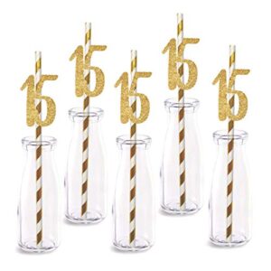 15th birthday paper straw decor, 24-pack real gold glitter cut-out numbers happy 15 years party decorative straws