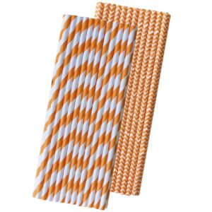 orange and white paper straws - party supply - stripe and chevron - 7.75 inches - 50 pack - outside the box papers brand
