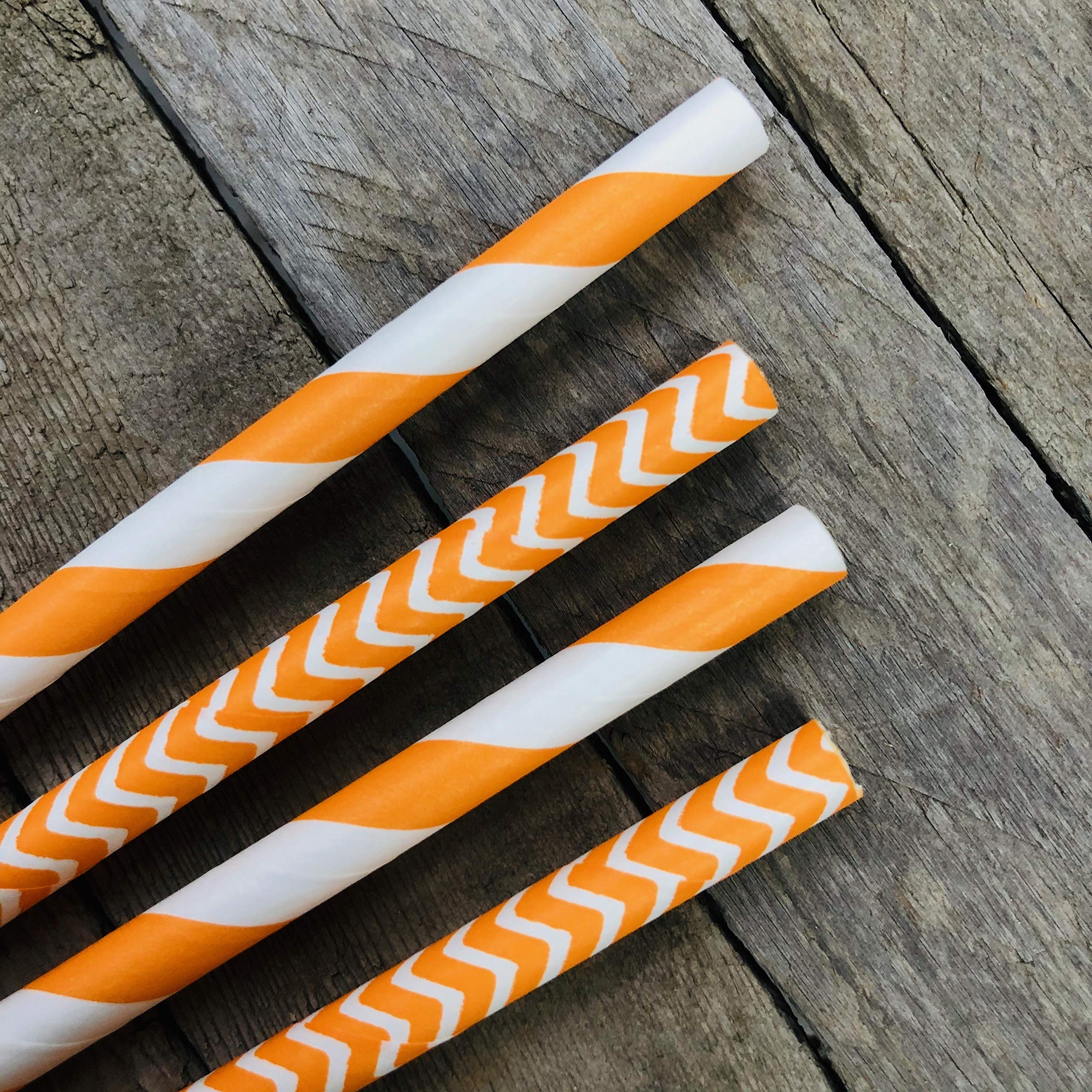 Orange and White Paper Straws - Party Supply - Stripe and Chevron - 7.75 Inches - 50 Pack - Outside the Box Papers Brand