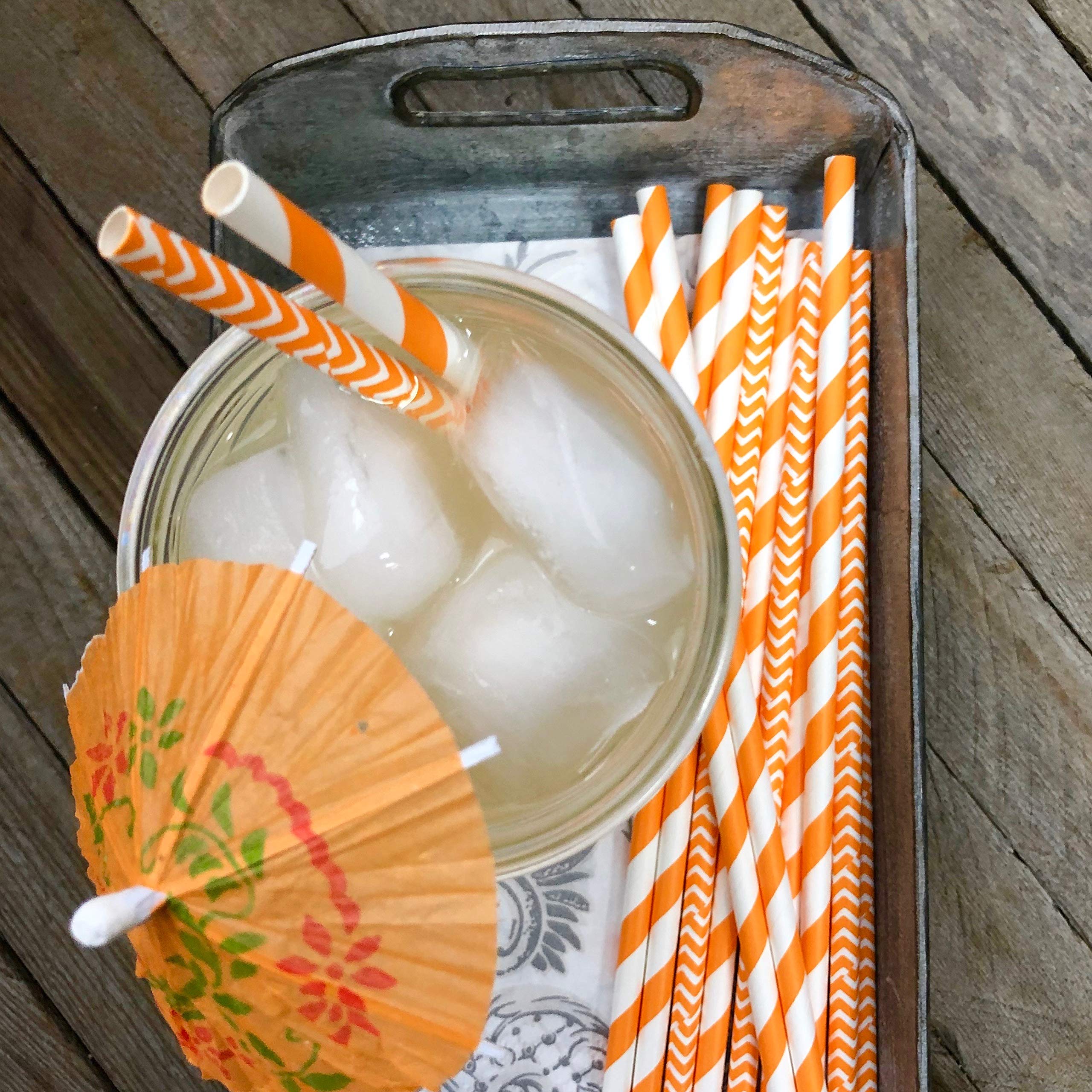 Orange and White Paper Straws - Party Supply - Stripe and Chevron - 7.75 Inches - 50 Pack - Outside the Box Papers Brand