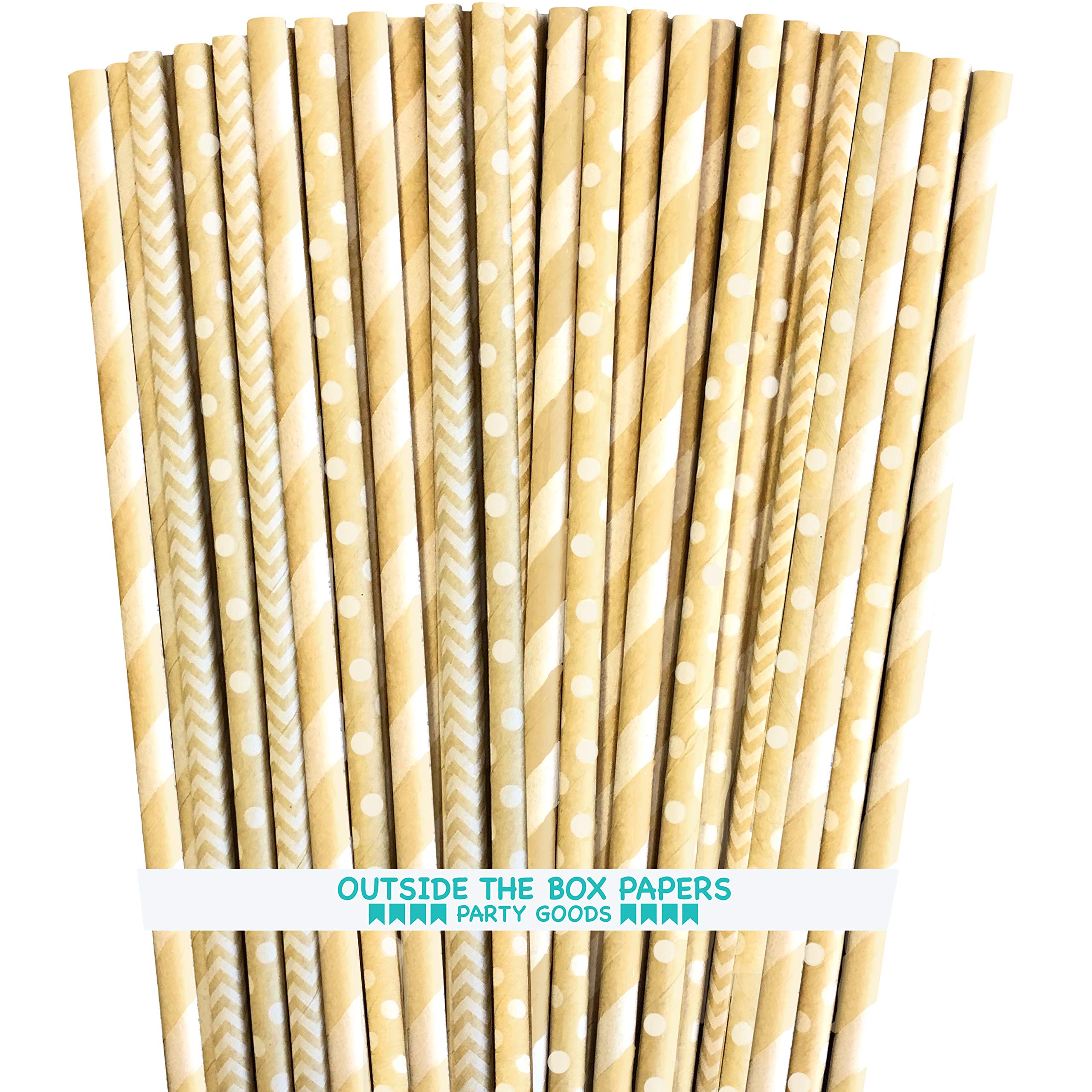 Paper Straws - Kraft Brown - Stripe Chevron Dot - 7.75 Inches - 100 Pack - Outside the Box Papers Brand