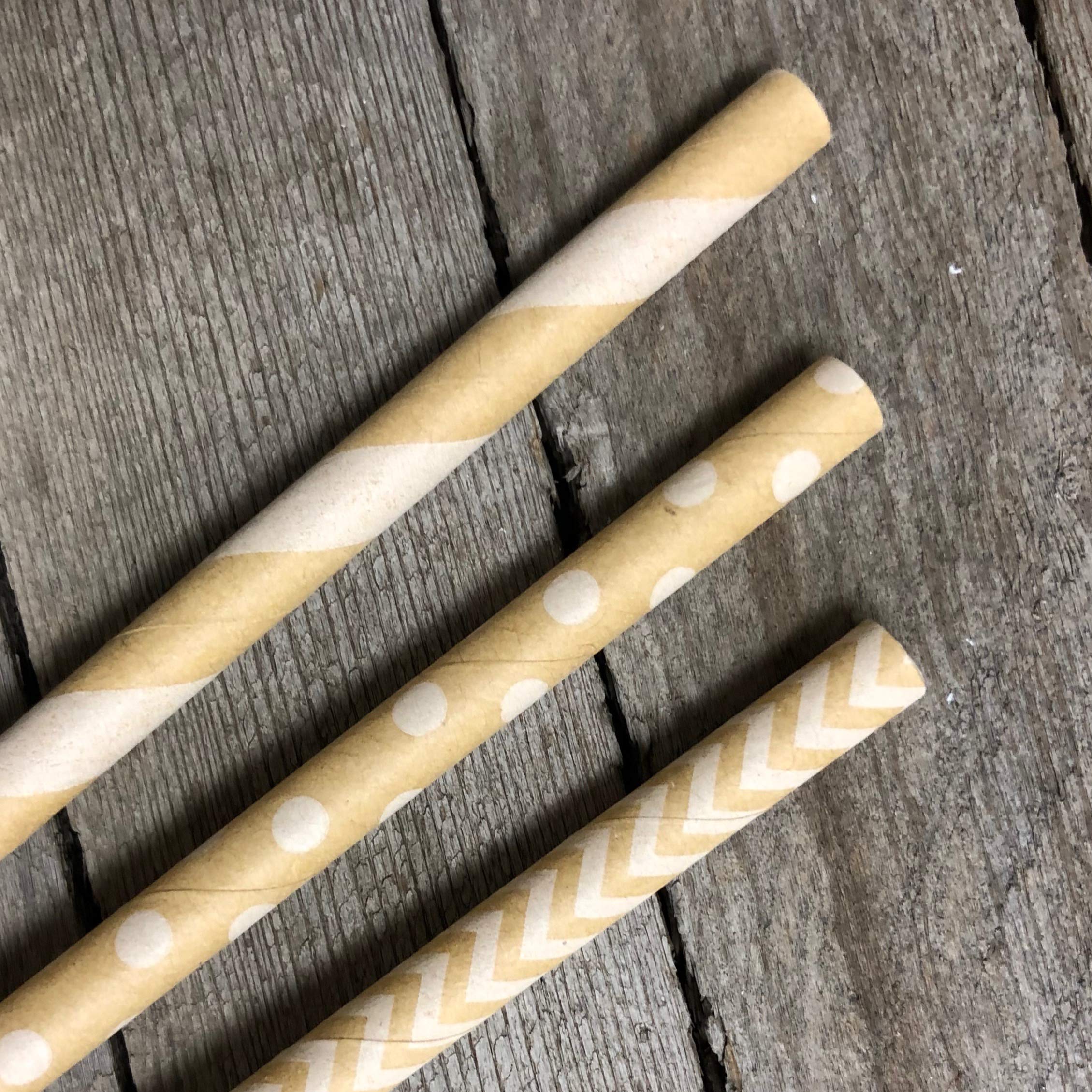 Paper Straws - Kraft Brown - Stripe Chevron Dot - 7.75 Inches - 100 Pack - Outside the Box Papers Brand