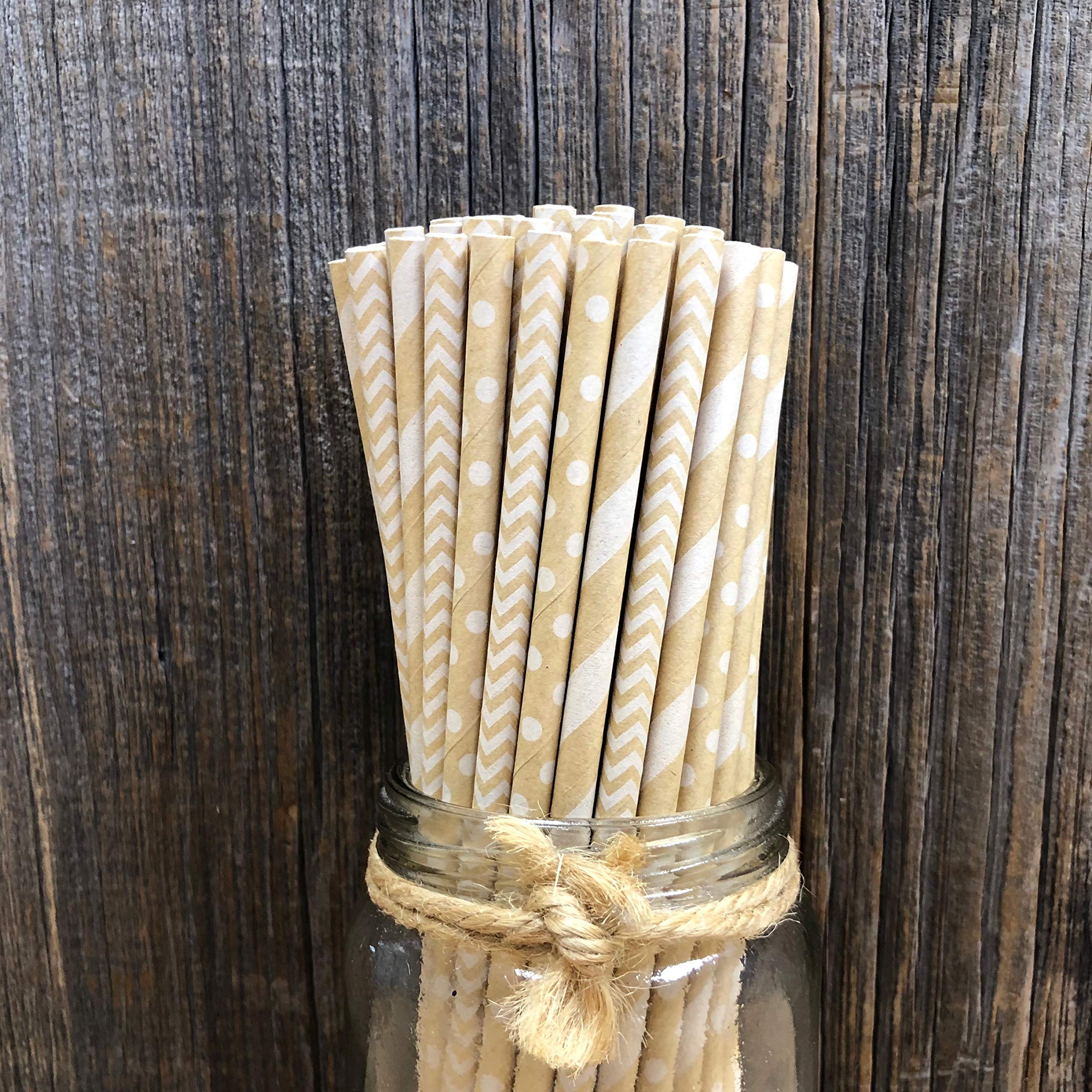 Paper Straws - Kraft Brown - Stripe Chevron Dot - 7.75 Inches - 100 Pack - Outside the Box Papers Brand