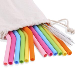 12 pack silicone reusable straws, 6 bend + 6 straight colorful reusable drinking straws, 10” regular size flexible straws with cleaning brushes storage bag for 30oz 20oz tumblers - bpa free (12 pack)