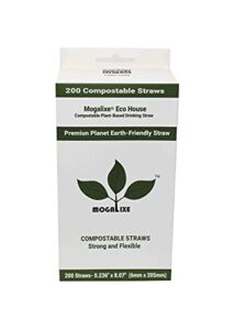 compostable straws, 200 count total, mogalixe certified drinking straws, 100% plant-based, flexible, paper wrapped, alternative to plastic, great for on the go, home, restaurants... (200-straws)