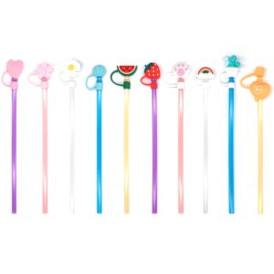 10 pieces straw covers cap & 10 pieces straws, silicone straw tip cover, reusable drinking straw protection lids, adorable dust-proof straw plugs, party bottles, juice & cocktail decoration