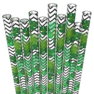 fiesta first 10 long reusable transparent hard plastic drinking straws, tropical palm leaves print design + sturdy cleaning brush - for tumblers, mason jars, milshakes and smoothies - bpa free