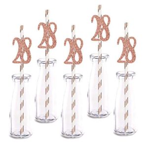 rose happy 28th birthday straw decor, rose gold glitter 24pcs cut-out number 28 party drinking decorative straws, supplies