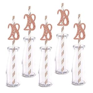 Rose Happy 28th Birthday Straw Decor, Rose Gold Glitter 24pcs Cut-Out Number 28 Party Drinking Decorative Straws, Supplies