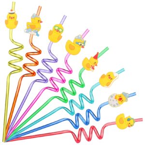 24 Pcs Duck Straws Duck Birthday Party Favors Duck Drinking Straws with 2 Pcs Cleaning Brushes Yellow Duck Theme Reusable Plastic Silly Straws for Kids Birthday Party Supplies, 8 Designs