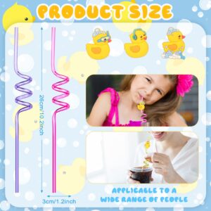 24 Pcs Duck Straws Duck Birthday Party Favors Duck Drinking Straws with 2 Pcs Cleaning Brushes Yellow Duck Theme Reusable Plastic Silly Straws for Kids Birthday Party Supplies, 8 Designs