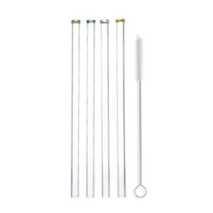 reusable clear glass straws - artisanal colored tips, wide flow for smoothies, juices, frozen drinks, milkshakes, tea - portable travel drinking, long