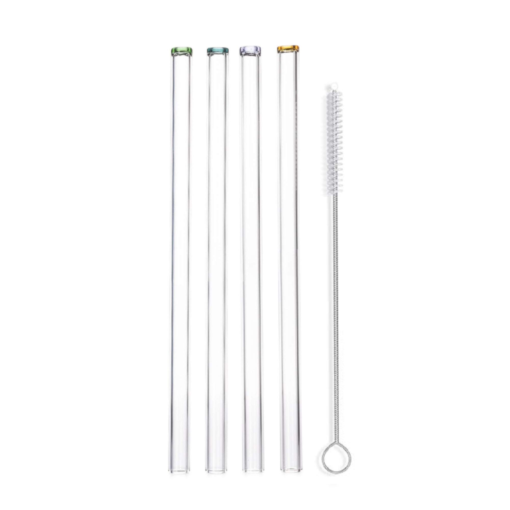 Reusable Clear Glass Straws - Artisanal Colored Tips, Wide Flow for Smoothies, Juices, Frozen Drinks, Milkshakes, Tea - Portable Travel Drinking, Long