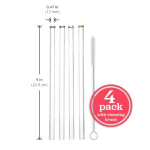 Reusable Clear Glass Straws - Artisanal Colored Tips, Wide Flow for Smoothies, Juices, Frozen Drinks, Milkshakes, Tea - Portable Travel Drinking, Long