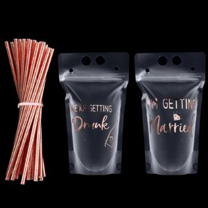 26 pcs drink pouches for wedding party with rose gold straw reclosable plastic juice bags party drink pouch bag, 17 oz