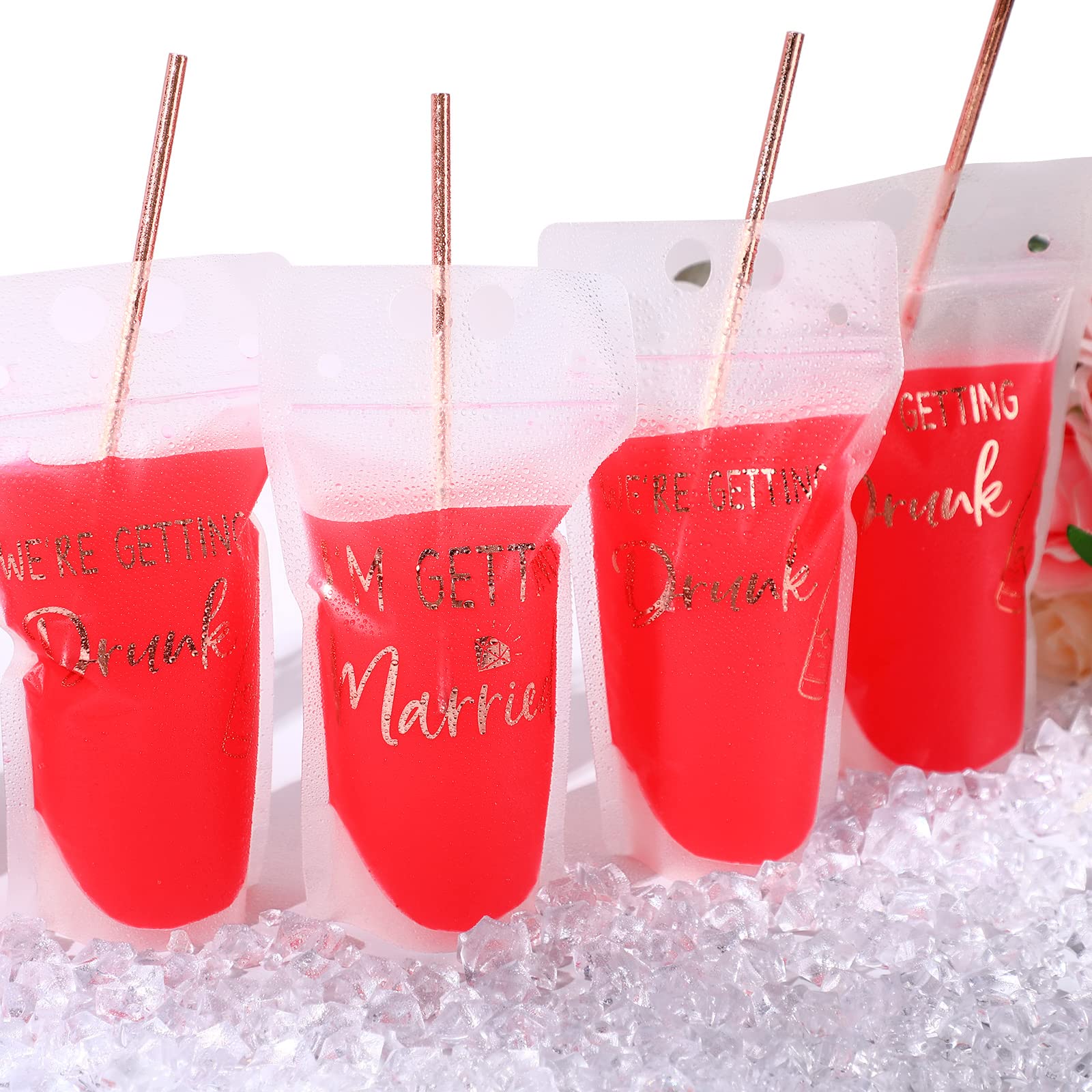 26 Pcs Drink Pouches for Wedding Party with Rose Gold Straw Reclosable Plastic Juice Bags Party Drink Pouch Bag, 17 oz