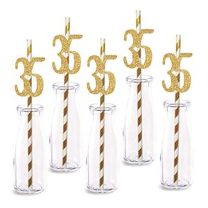 35th birthday paper straw decor, 24-pack real gold glitter cut-out numbers happy 35 years party decorative straws