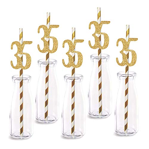 35th Birthday Paper Straw Decor, 24-Pack Real Gold Glitter Cut-Out Numbers Happy 35 Years Party Decorative Straws