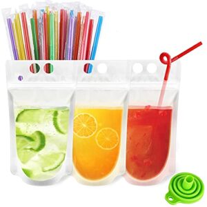200pcs reusable drink pouches clear drink bags with disposable plastic straws smoothie bags juice bags reclosable double zipper handheld translucent stand-up frozen drink pouches for adults
