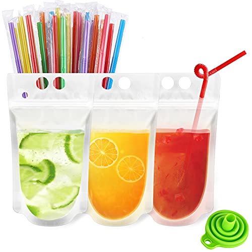 200Pcs Reusable Drink Pouches Clear Drink Bags with Disposable Plastic Straws Smoothie Bags Juice Bags Reclosable Double Zipper Handheld Translucent Stand-up Frozen Drink Pouches for Adults