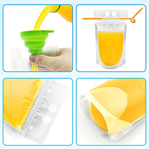 200Pcs Reusable Drink Pouches Clear Drink Bags with Disposable Plastic Straws Smoothie Bags Juice Bags Reclosable Double Zipper Handheld Translucent Stand-up Frozen Drink Pouches for Adults