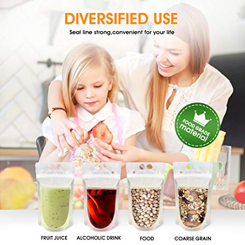 200Pcs Reusable Drink Pouches Clear Drink Bags with Disposable Plastic Straws Smoothie Bags Juice Bags Reclosable Double Zipper Handheld Translucent Stand-up Frozen Drink Pouches for Adults