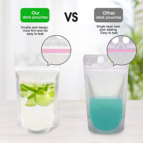 200Pcs Reusable Drink Pouches Clear Drink Bags with Disposable Plastic Straws Smoothie Bags Juice Bags Reclosable Double Zipper Handheld Translucent Stand-up Frozen Drink Pouches for Adults