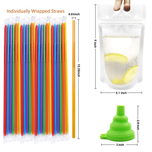 200Pcs Reusable Drink Pouches Clear Drink Bags with Disposable Plastic Straws Smoothie Bags Juice Bags Reclosable Double Zipper Handheld Translucent Stand-up Frozen Drink Pouches for Adults