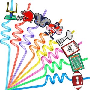 24pcs football straws and 2pcs cleaning brushes, reusable plastic rugby straws, football party supplies favors，birthday party decorations。