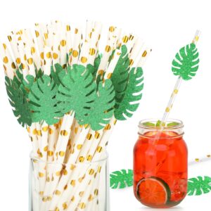 50 pcs disposable straws glitter palm leaves paper straws hawaiian luau party paper straw tropical leaves party decor for cocktail soft drinks hawaiian luau party supply