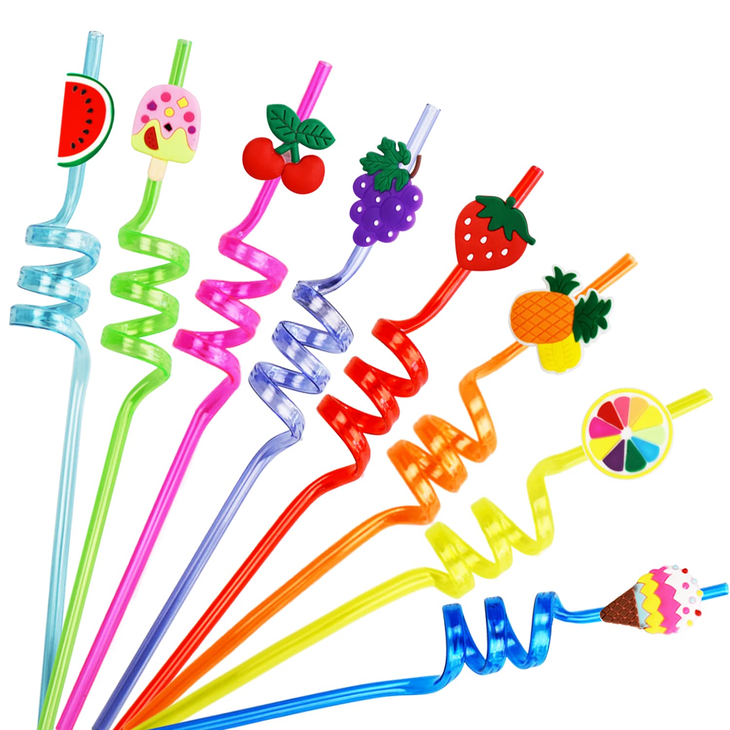 Ynaize 8 Pieces Resuable Plastic Straws Ice Cream Fruit Party Straws Kids Girls Boys Summer Hawaiian Party Supplies Crazy Straws Birthday Party Favors Decorations