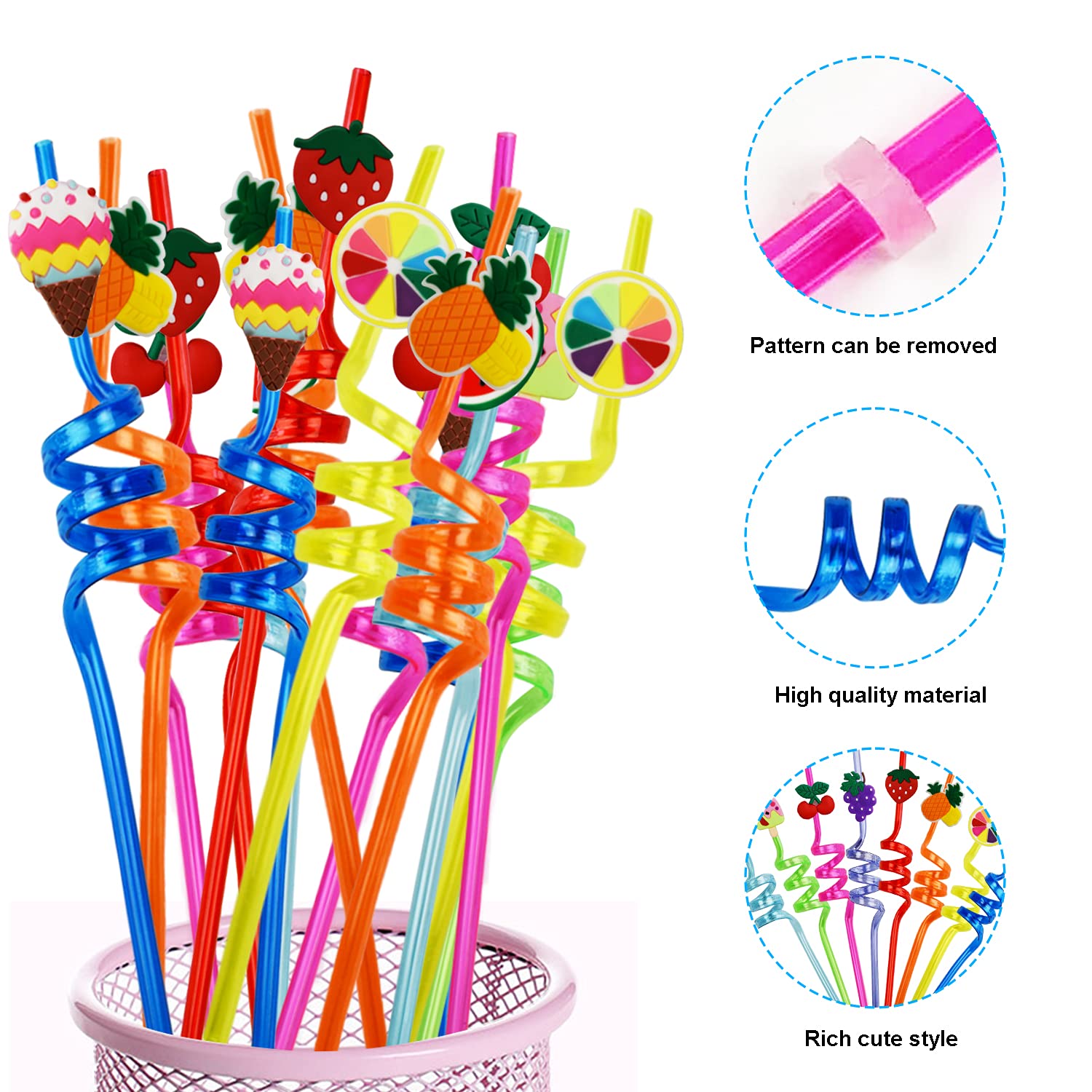 Ynaize 8 Pieces Resuable Plastic Straws Ice Cream Fruit Party Straws Kids Girls Boys Summer Hawaiian Party Supplies Crazy Straws Birthday Party Favors Decorations