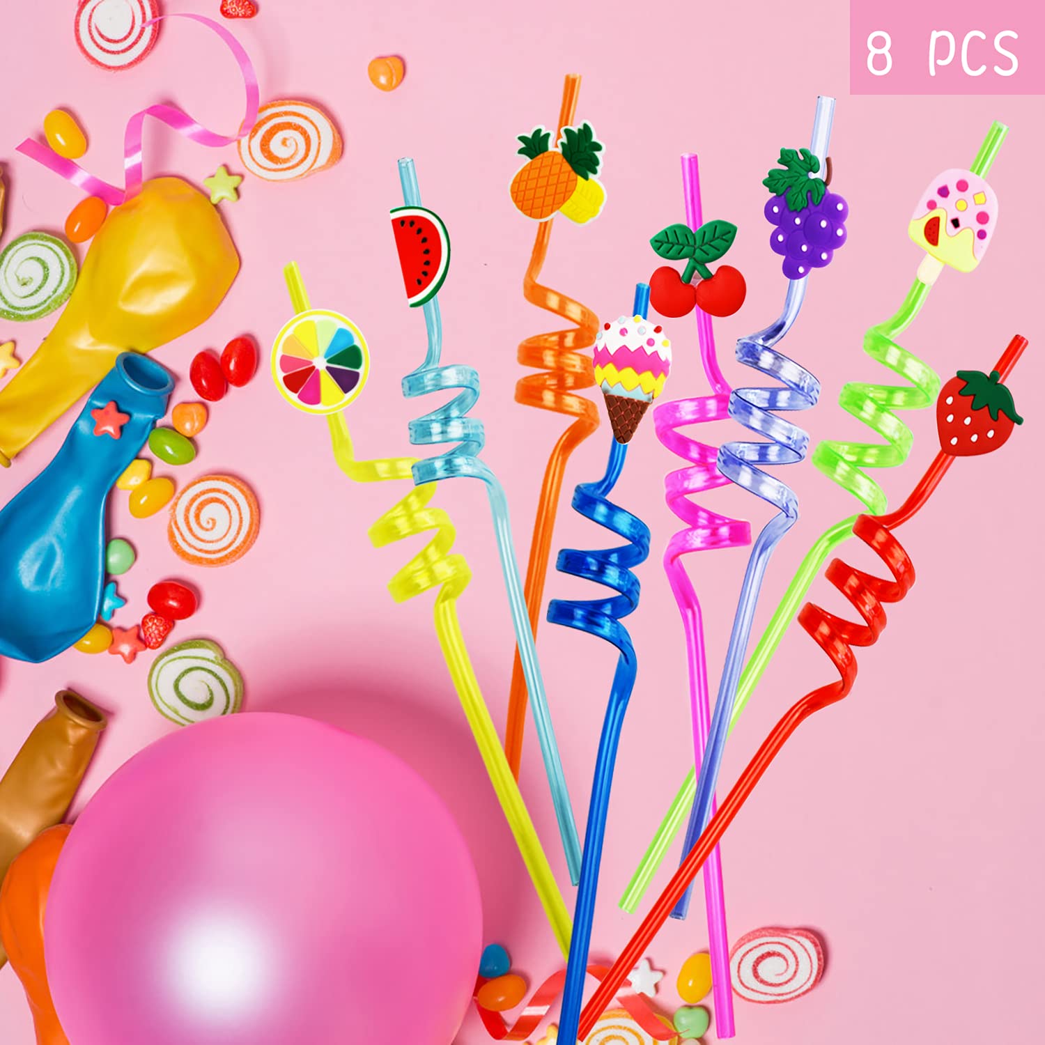 Ynaize 8 Pieces Resuable Plastic Straws Ice Cream Fruit Party Straws Kids Girls Boys Summer Hawaiian Party Supplies Crazy Straws Birthday Party Favors Decorations