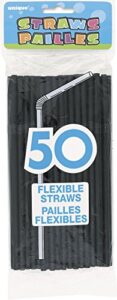 unique industries black plain flexible plastic straws 50 pcs, 8"