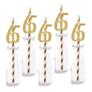 65th birthday paper straw decor, 24-pack real gold glitter cut-out numbers happy 65 years party decorative straws