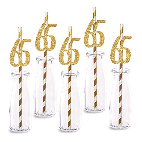 65th Birthday Paper Straw Decor, 24-Pack Real Gold Glitter Cut-Out Numbers Happy 65 Years Party Decorative Straws