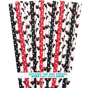 minnie mouse inspired mouse ears and polka dot paper straws - red white black - 7.75 inches - 100 pack - outside the box papers brand