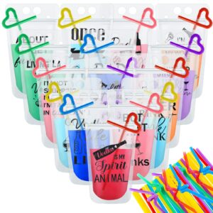 90 pcs drink pouches with straws for adults, clear plastic reusable drink bags juice pouches with zipper party beverage bags for adults teen party favor, 15 styles