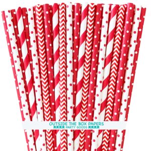 paper drinking straws - red and white - christmas valentine birthday party supply - stripe chevron polka dot - 7.75 inches - 100 pack outside the box papers brand