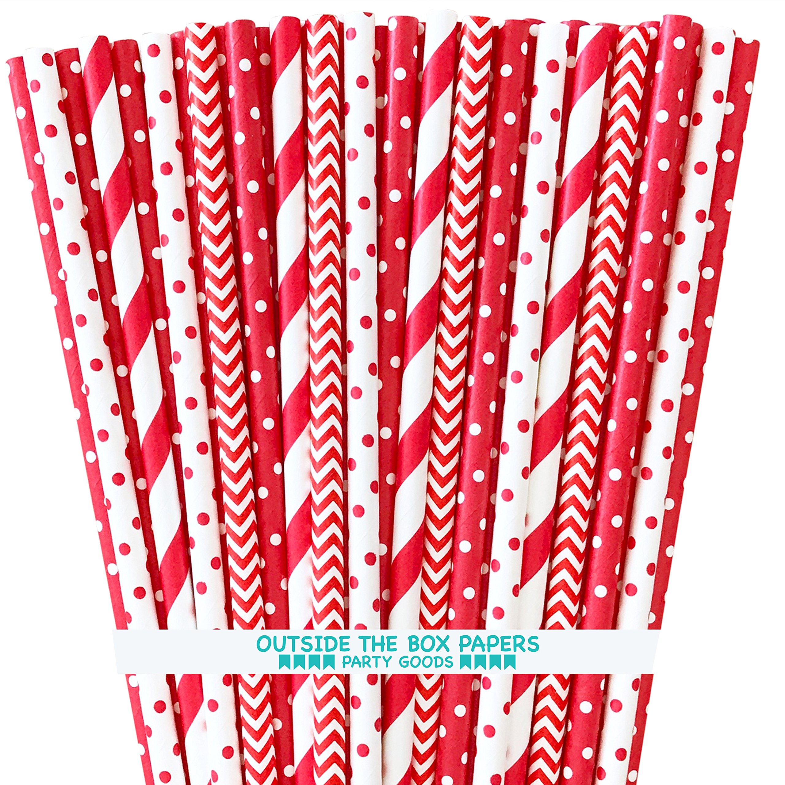 Paper Drinking Straws - Red and White - Christmas Valentine Birthday Party Supply - Stripe Chevron Polka Dot - 7.75 Inches - 100 Pack Outside the Box Papers Brand