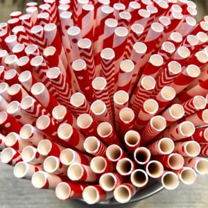 Paper Drinking Straws - Red and White - Christmas Valentine Birthday Party Supply - Stripe Chevron Polka Dot - 7.75 Inches - 100 Pack Outside the Box Papers Brand