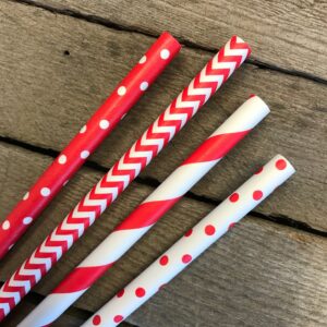 Paper Drinking Straws - Red and White - Christmas Valentine Birthday Party Supply - Stripe Chevron Polka Dot - 7.75 Inches - 100 Pack Outside the Box Papers Brand