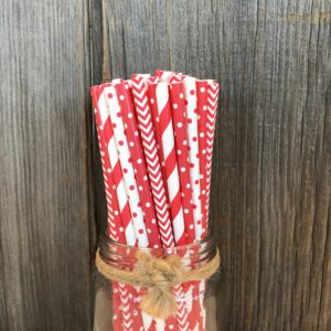 Paper Drinking Straws - Red and White - Christmas Valentine Birthday Party Supply - Stripe Chevron Polka Dot - 7.75 Inches - 100 Pack Outside the Box Papers Brand