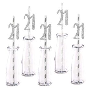 silver happy 21st birthday straw decor, silver glitter 24pcs cut-out number 21 party drinking decorative straws, supplies