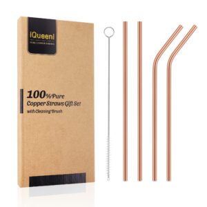 copper straws, pure copper drinking straws gift set food safe 8.5inch long handcrafts bent and straight copper straws with cleaning brush(2*bent+2*straight)