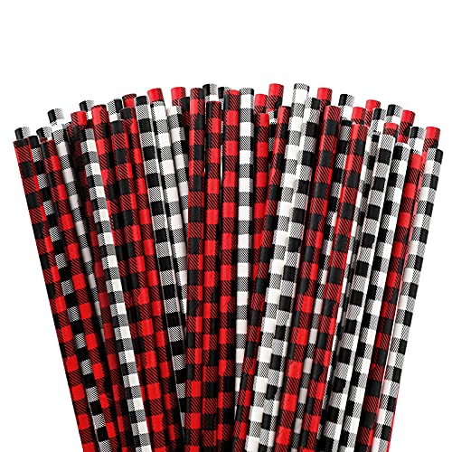 Whaline 100Pcs Christmas Straws Disposable Paper Straws White Red Black Buffalo Plaid Drinking Straws Well Crafted Holiday Straws for Xmas New Year Wedding Birthday Farmhouse Party Supplies