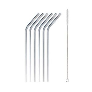 bamboomn reusable stainless steel metal drinking straws - 8" bent straws w/ 1x cleaning brush - 6 pack