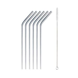 BambooMN Reusable Stainless Steel Metal Drinking Straws - 8" Bent Straws w/ 1x Cleaning Brush - 6 Pack