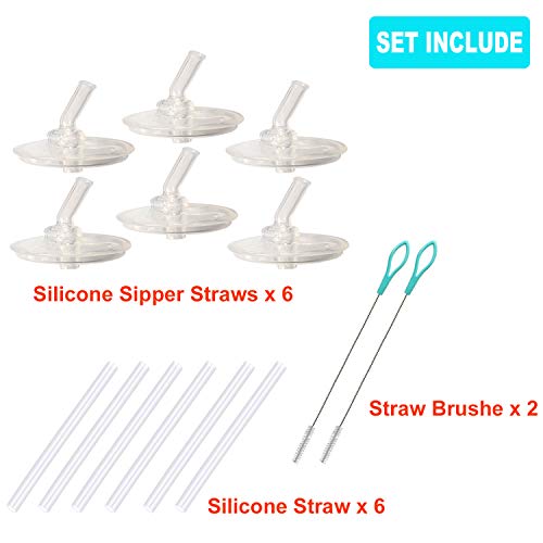 Replacement Straws for Thermos Foogo 10 OZ Straw Bottle, (6Pcs Silicone Sipper Straws, 6 pcs Silicone straw stems and 2 pcs straw brushes) - 6 Sets.